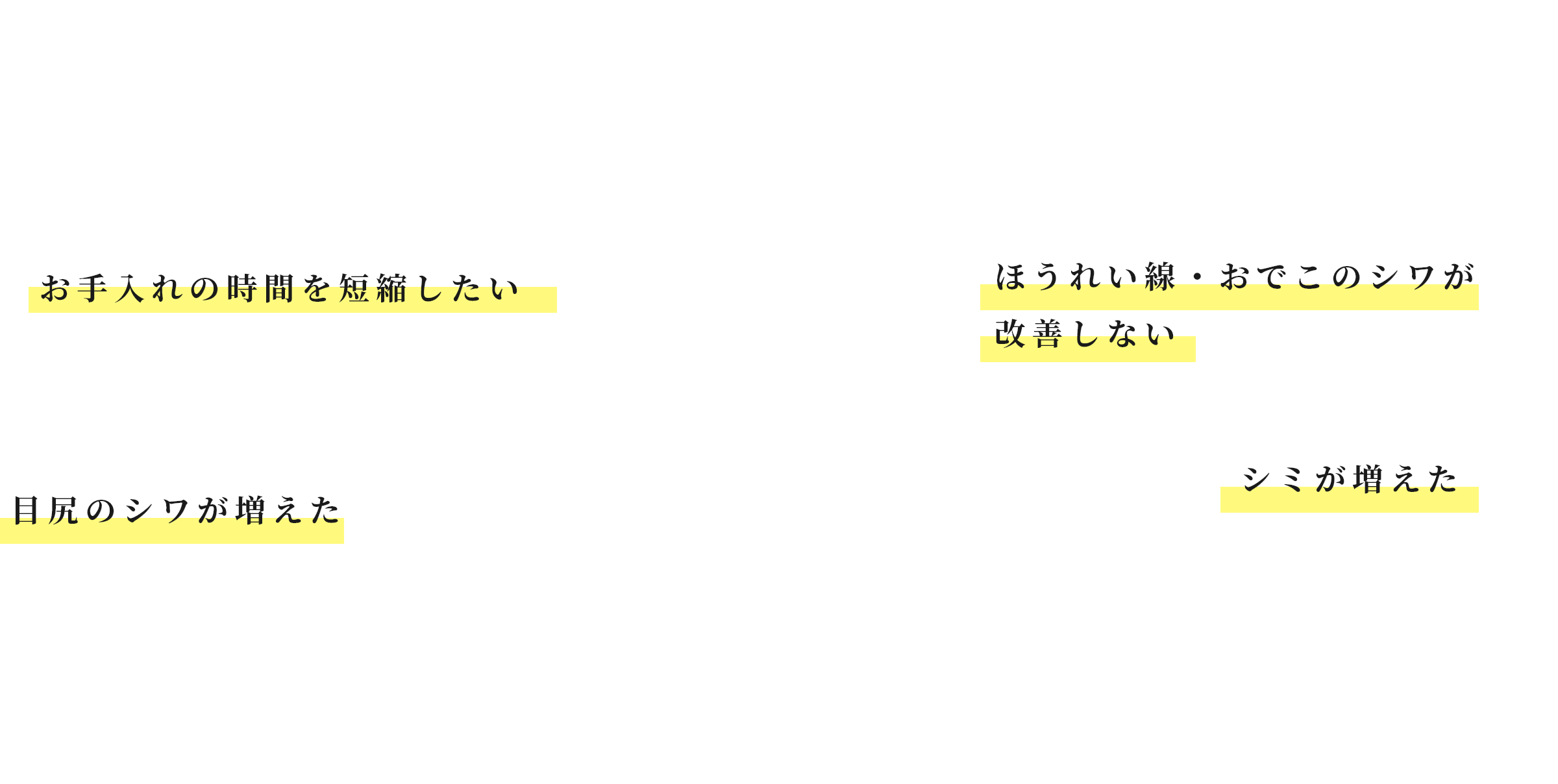 お手入れの時間を短縮したい ほうれい線・おでこのシワが改善しない 目尻のシワが増えた シミが増えた